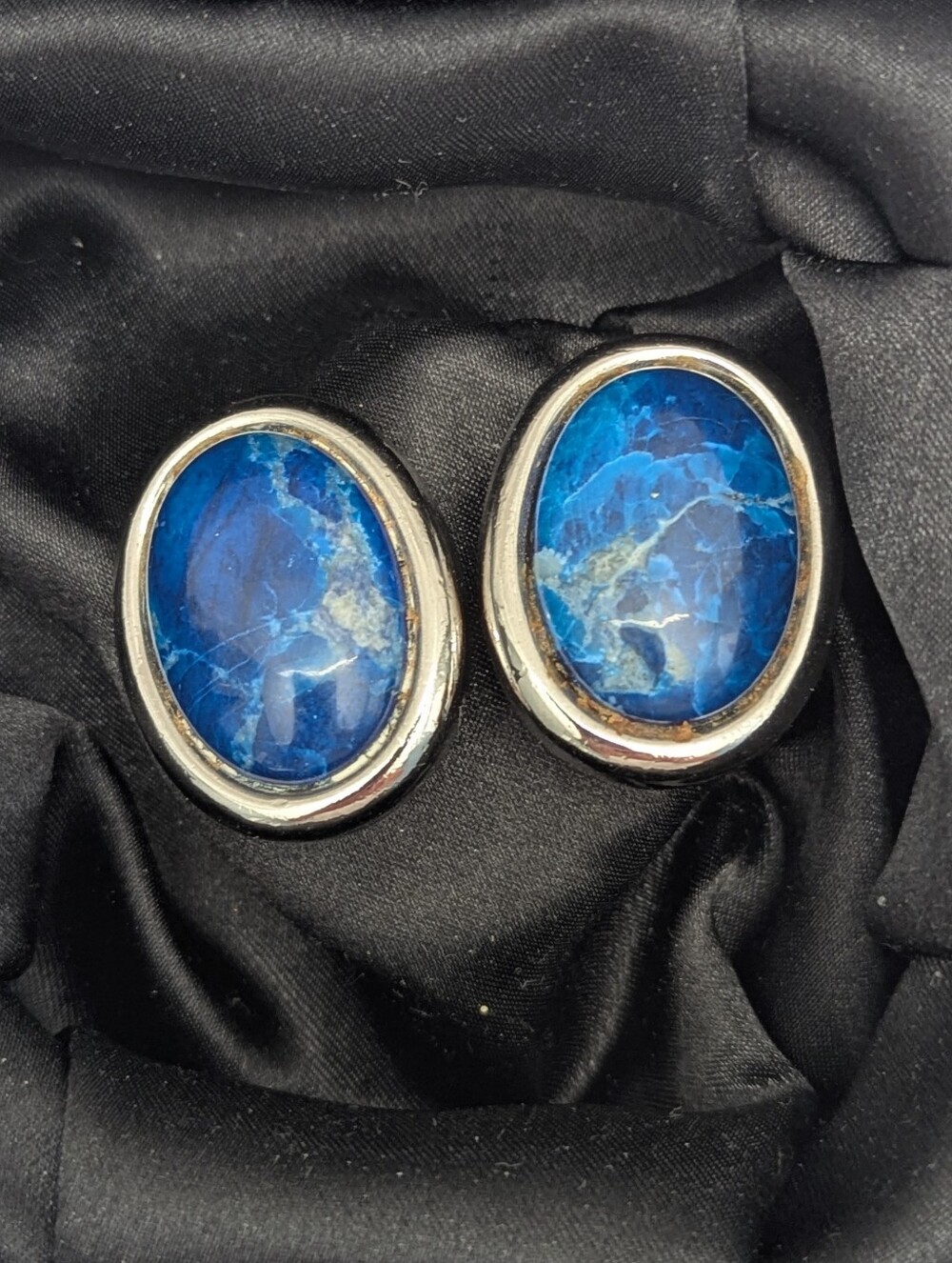 Denim Lapis-Like Blue Stone Oval Clip-On Silver-Tone Earrings - Picture 9 of 9